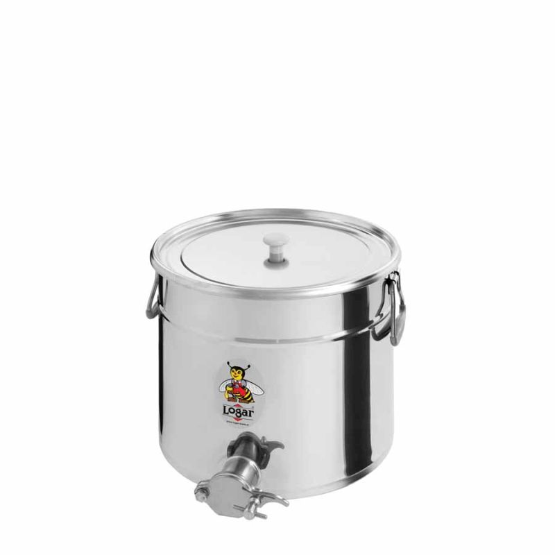 Recipiente de envasado Logar 25 kg, grifo de acero inoxidable, tapa de apoyo